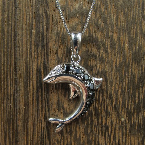 Jewelry - 18" Sterling Black Cubic Zirconia Dolphin Necklace